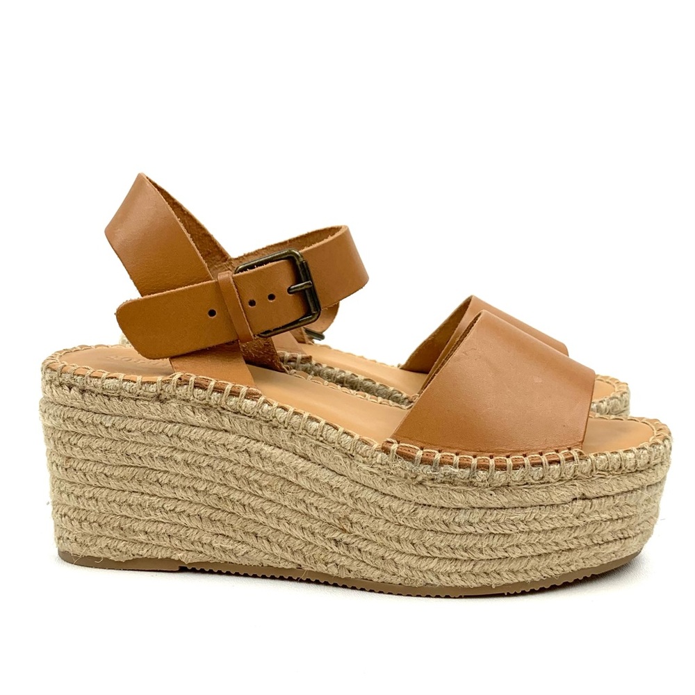 Soludos Sandals Minorca Platform Leather Espadrille Wedge Nude Tan Buckle Sz 8